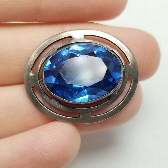 Vintage Art Nouveau Style Sterling Silver Blue Oval Rhinestone 1 Inch Brooch - Picture 6 of 7